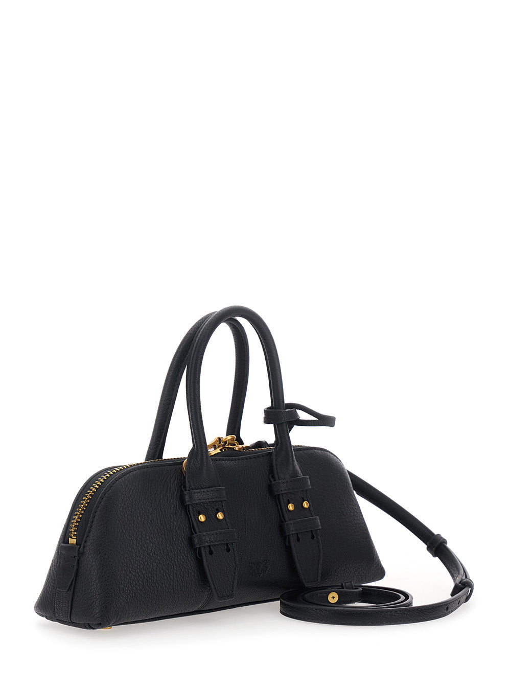 Pinko Women 'Bowling Horizontal' Black Handbag With Adjustable And Removable Shoulder Strap And Love Birds Plaque On The Front In Grained Leather For Women