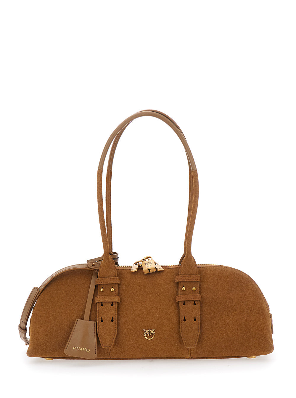 Pinko Women 'Bowling Horizontal' Brown Handbag With Adjustable And Removable Shoulder Strap And Love Birds Plaque On The Front In Suede For Women