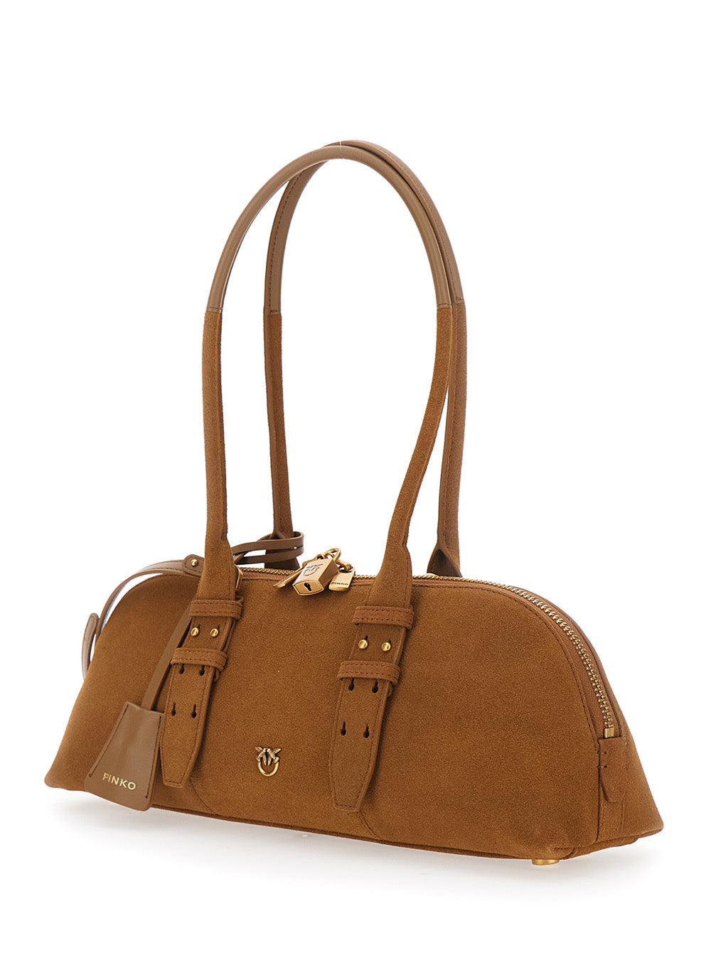 Pinko Women 'Bowling Horizontal' Brown Handbag With Adjustable And Removable Shoulder Strap And Love Birds Plaque On The Front In Suede For Women