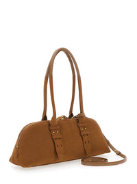 Pinko Women 'Bowling Horizontal' Brown Handbag With Adjustable And Removable Shoulder Strap And Love Birds Plaque On The Front In Suede For Women