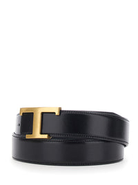 Tod's Men Black Belt With T Buckle In Smooth Leather For Men