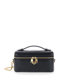 TORY BURCH Tory Burch Women 'Charlie' Black Vanity Case With Adjustable And Removable Shoulder Strap And Logo Plate On The Front In Quilted Leather For Women