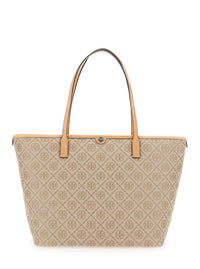 TORY BURCH Tory Burch Women Beige Large Tote Bag With All-Over Logo Monogram And Top Zip Closure In Canvas For Women