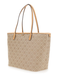 TORY BURCH Tory Burch Women Beige Large Tote Bag With All-Over Logo Monogram And Top Zip Closure In Canvas For Women