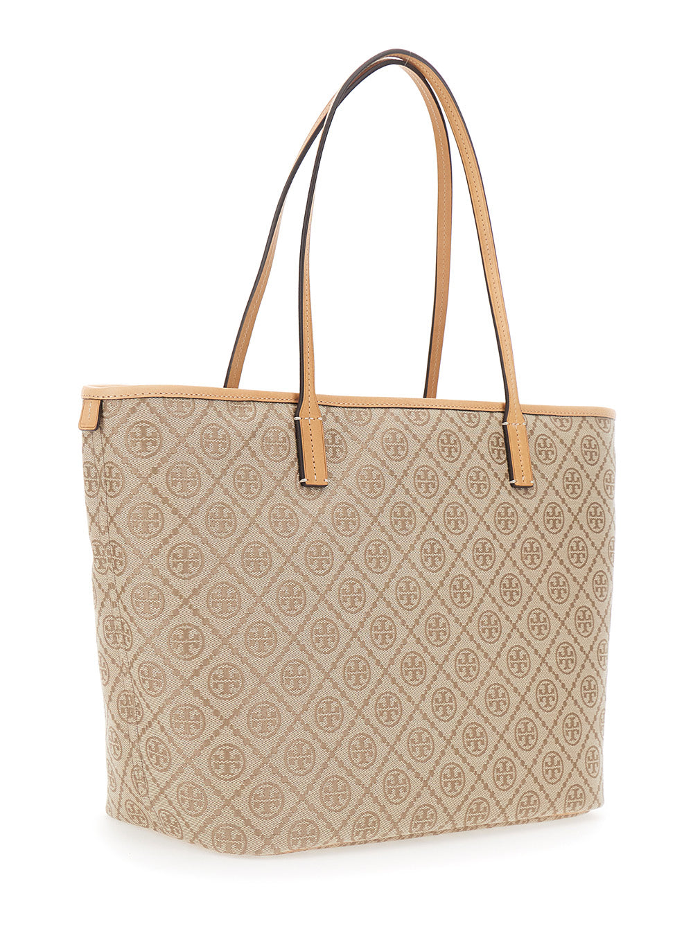 TORY BURCH Tory Burch Women Beige Large Tote Bag With All-Over Logo Monogram And Top Zip Closure In Canvas For Women
