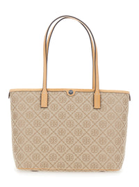 TORY BURCH Tory Burch Women Beige Small Tote Bag With All-Over Logo Monogram And Top Zip Closure In Canvas For Women