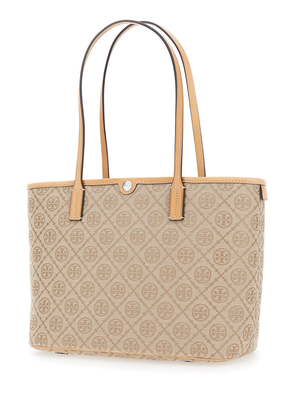 TORY BURCH Tory Burch Women Beige Small Tote Bag With All-Over Logo Monogram And Top Zip Closure In Canvas For Women