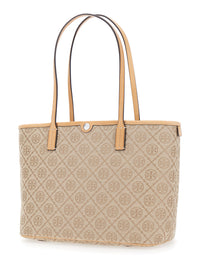 TORY BURCH Tory Burch Women Beige Small Tote Bag With All-Over Logo Monogram And Top Zip Closure In Canvas For Women