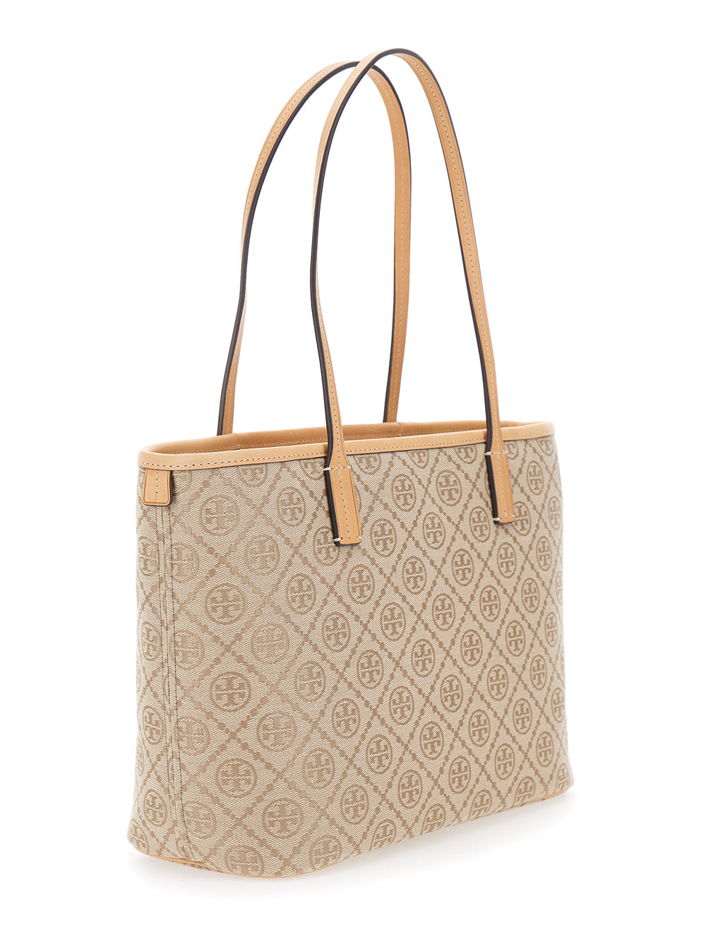 TORY BURCH Tory Burch Women Beige Small Tote Bag With All-Over Logo Monogram And Top Zip Closure In Canvas For Women