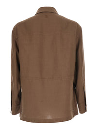 Fendi Men Brown Jacket With Classic Collar And Four Patch Pockets On The Front In Linen For Men