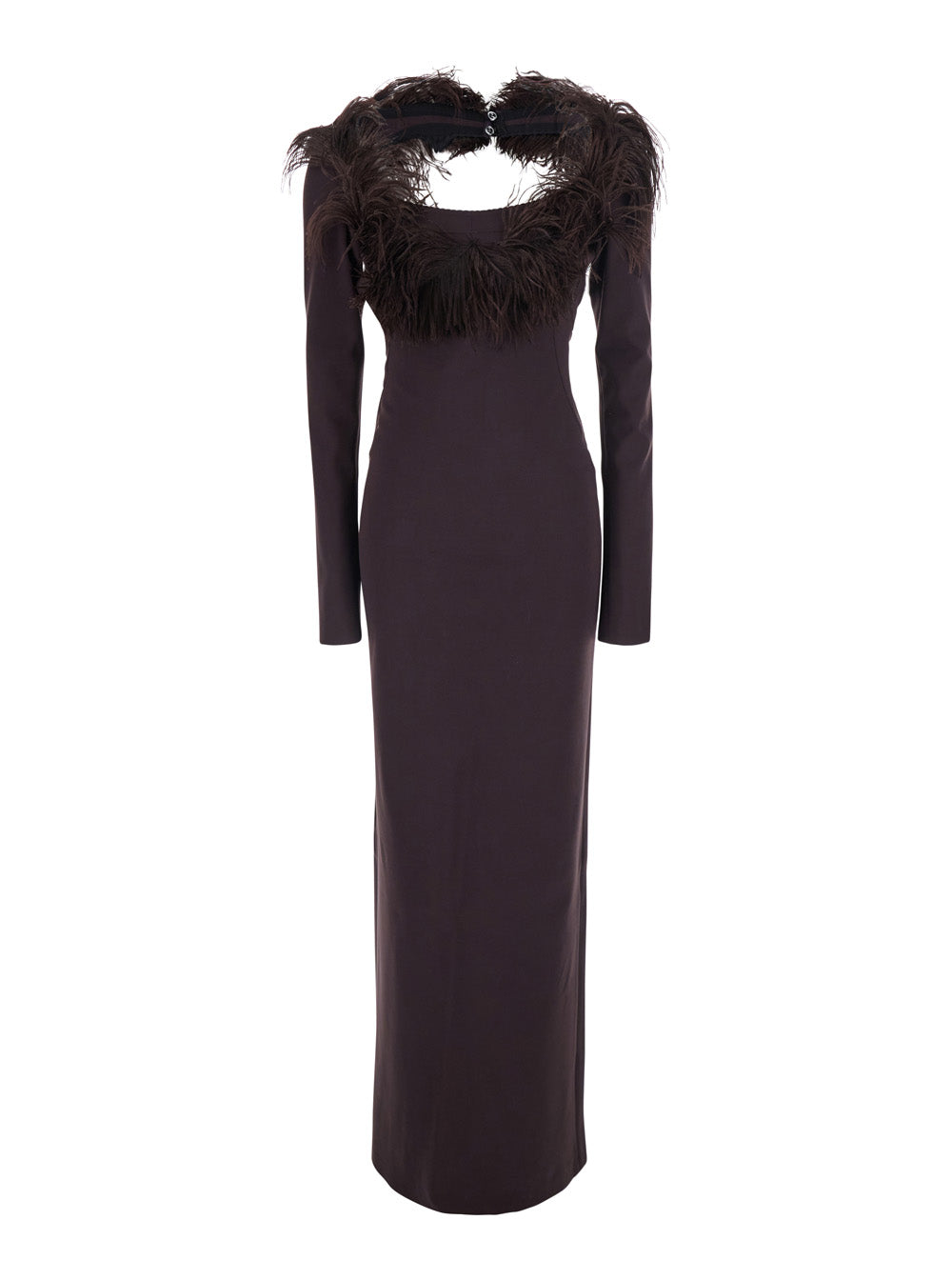 The Attico Women Brown Long Dress With Feathers On The Neck And Logo Patch On The Back In Cotton For Women
