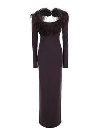 The Attico Women Brown Long Dress With Feathers On The Neck And Logo Patch On The Back In Cotton For Women