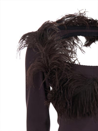 The Attico Women Brown Long Dress With Feathers On The Neck And Logo Patch On The Back In Cotton For Women