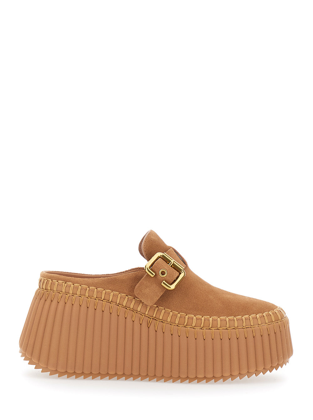 Chloé Women 'Nama' Brown Mules With Wedge Heeles With Adjustable Buckle Strap In Suede For Women