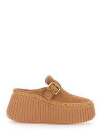 Chloé Women 'Nama' Brown Mules With Wedge Heeles With Adjustable Buckle Strap In Suede For Women