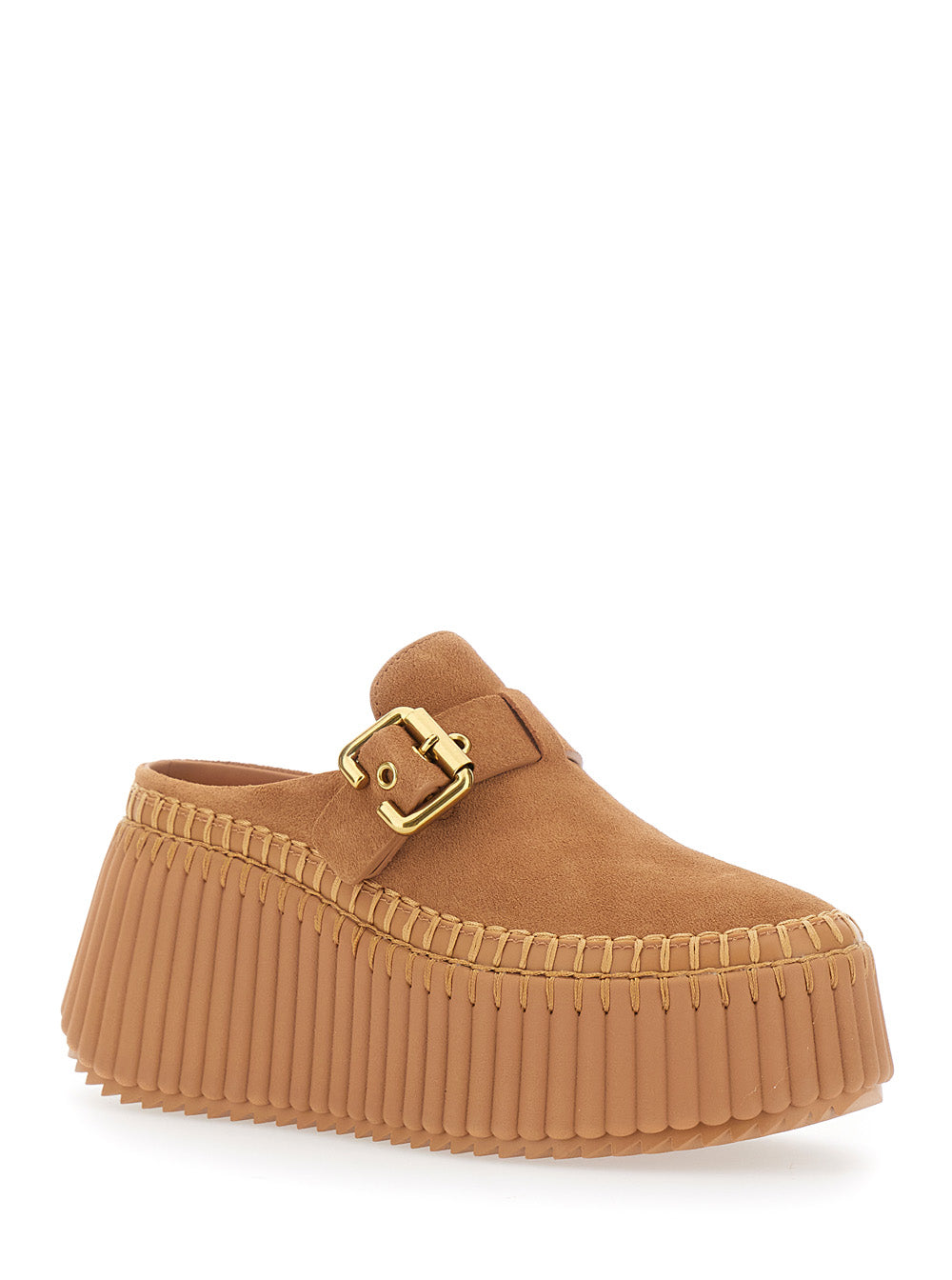 Chloé Women 'Nama' Brown Mules With Wedge Heeles With Adjustable Buckle Strap In Suede For Women