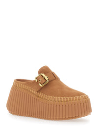 Chloé Women 'Nama' Brown Mules With Wedge Heeles With Adjustable Buckle Strap In Suede For Women