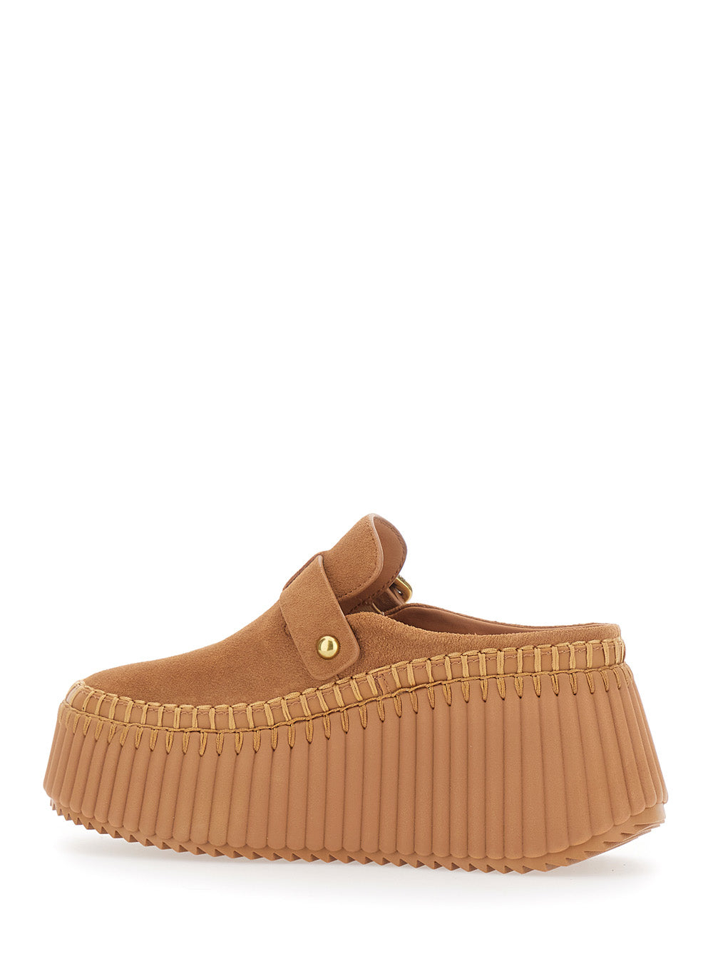 Chloé Women 'Nama' Brown Mules With Wedge Heeles With Adjustable Buckle Strap In Suede For Women