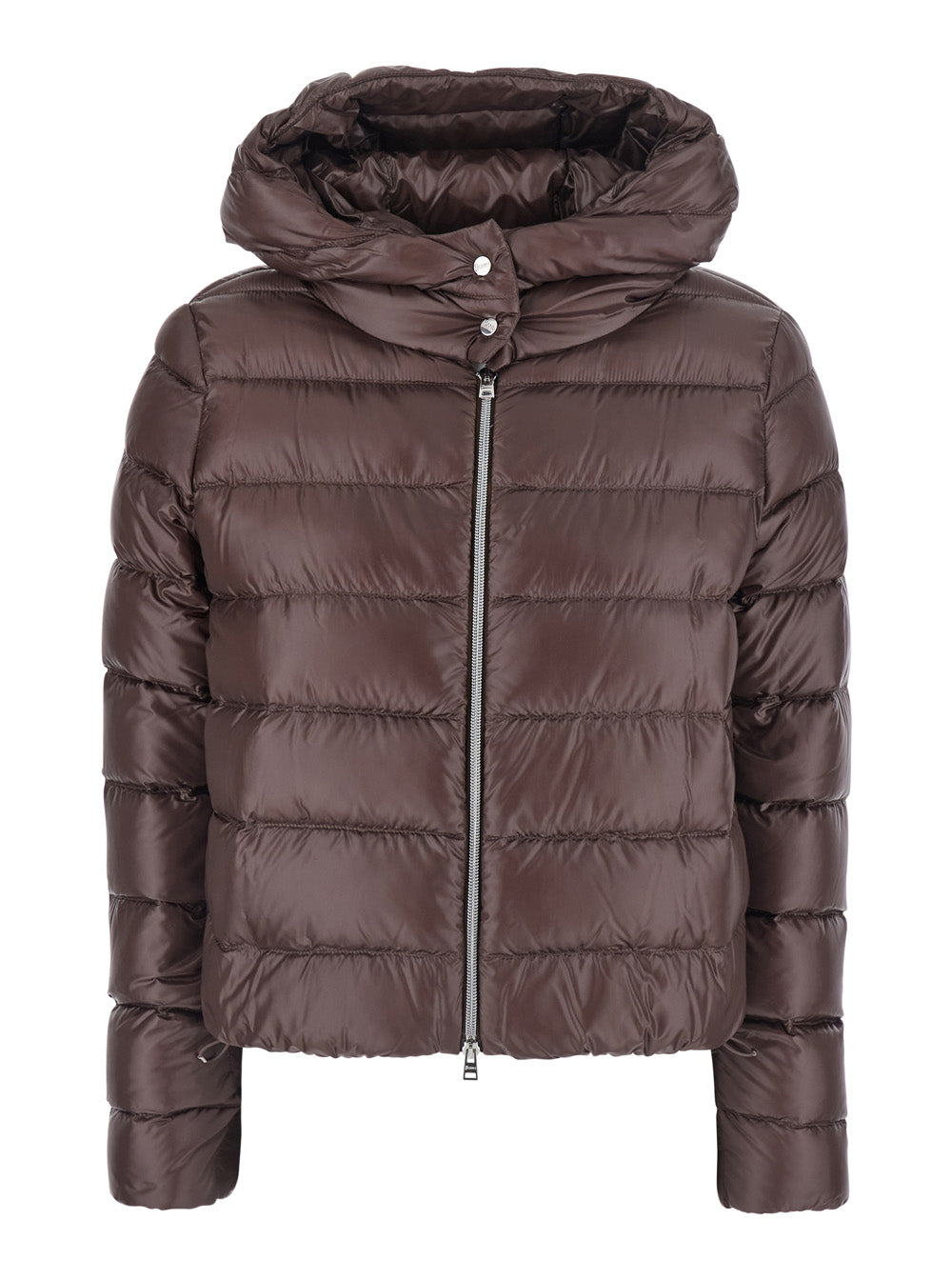 Herno Women Brown Short Down Jacket With Hood And Metal Plate On The Back In Tech Fabric Woman