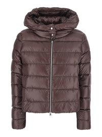 Herno Women Brown Short Down Jacket With Hood And Metal Plate On The Back In Tech Fabric Woman