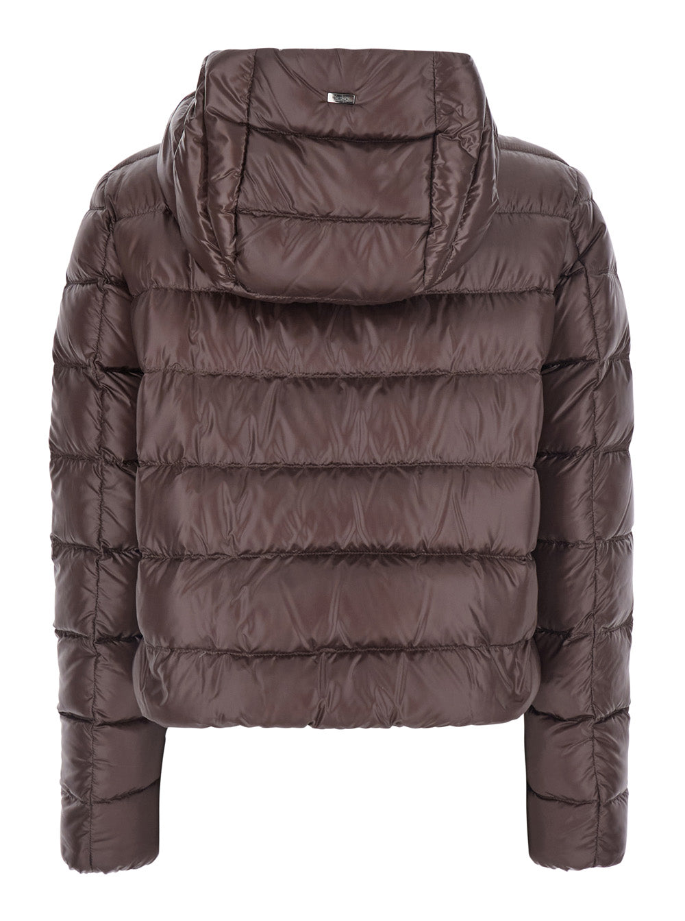 Herno Women Brown Short Down Jacket With Hood And Metal Plate On The Back In Tech Fabric Woman