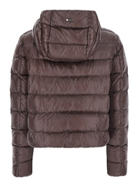 Herno Women Brown Short Down Jacket With Hood And Metal Plate On The Back In Tech Fabric Woman