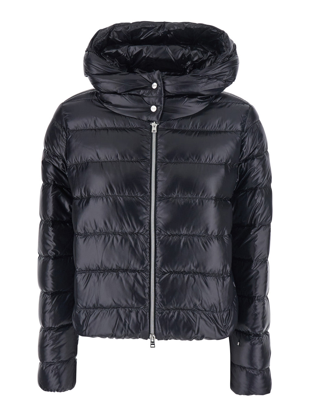 Herno Women Black Short Down Jacket With Hood And Metal Plate On The Back In Tech Fabric Woman
