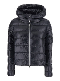 Herno Women Black Short Down Jacket With Hood And Metal Plate On The Back In Tech Fabric Woman