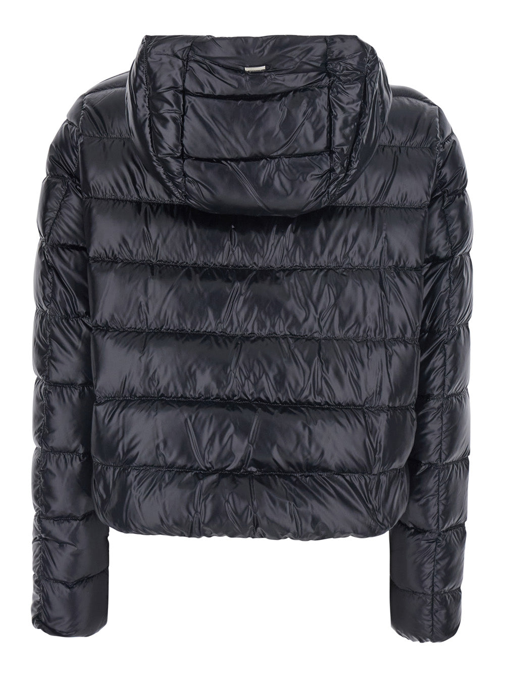 Herno Women Black Short Down Jacket With Hood And Metal Plate On The Back In Tech Fabric Woman