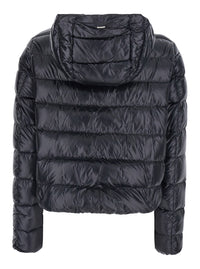 Herno Women Black Short Down Jacket With Hood And Metal Plate On The Back In Tech Fabric Woman