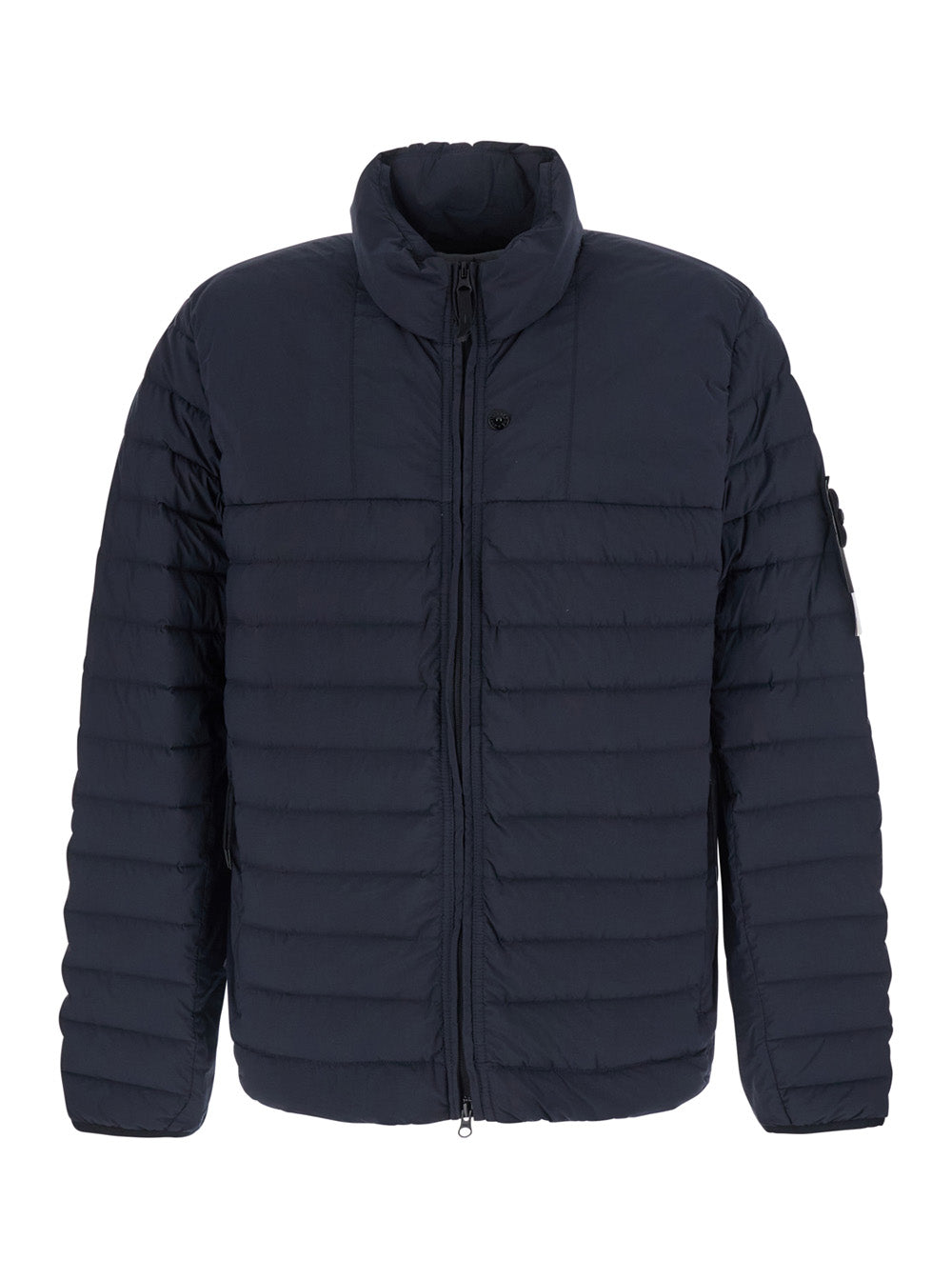 Stone Island Men Blue High Collar Down Jacket With Logo Patch On Sleeve In Tech Fabric For Men