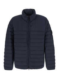 Stone Island Men Blue High Collar Down Jacket With Logo Patch On Sleeve In Tech Fabric For Men