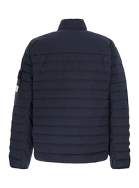 Stone Island Men Blue High Collar Down Jacket With Logo Patch On Sleeve In Tech Fabric For Men
