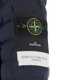 Stone Island Men Blue High Collar Down Jacket With Logo Patch On Sleeve In Tech Fabric For Men