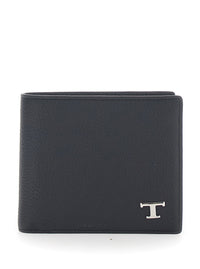 Tod's Men Black Bifold Wallet With Metal T Logo Plate On The Front In Leather For Men