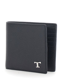 Tod's Men Black Bifold Wallet With Metal T Logo Plate On The Front In Leather For Men