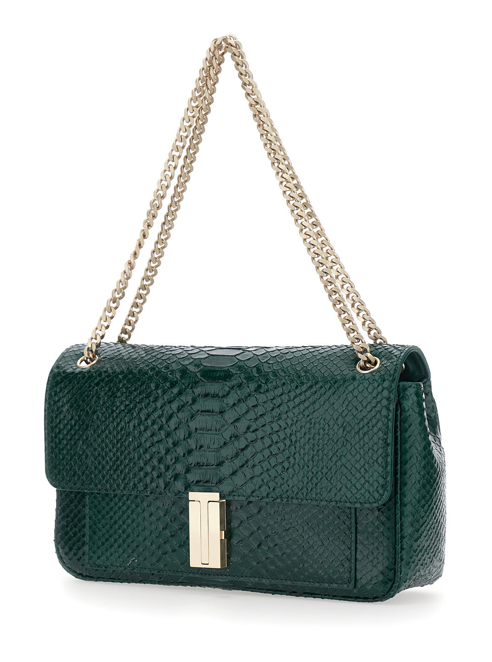 TOM FORD Tom Ford Women Green Crossbody Bag With T Closure In Glossy Snake Effect Leather For Women
