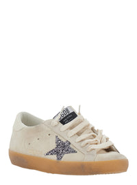 Golden Goose Women 'Superstar' Beige Low Top Sneakers With Glitter Star Patch And Logo Lettering On The Heel In Suede For Women