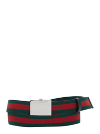 Gucci Men Green Belt With Web Motif And Logo Plaque On The Front In Web Canvas For Men