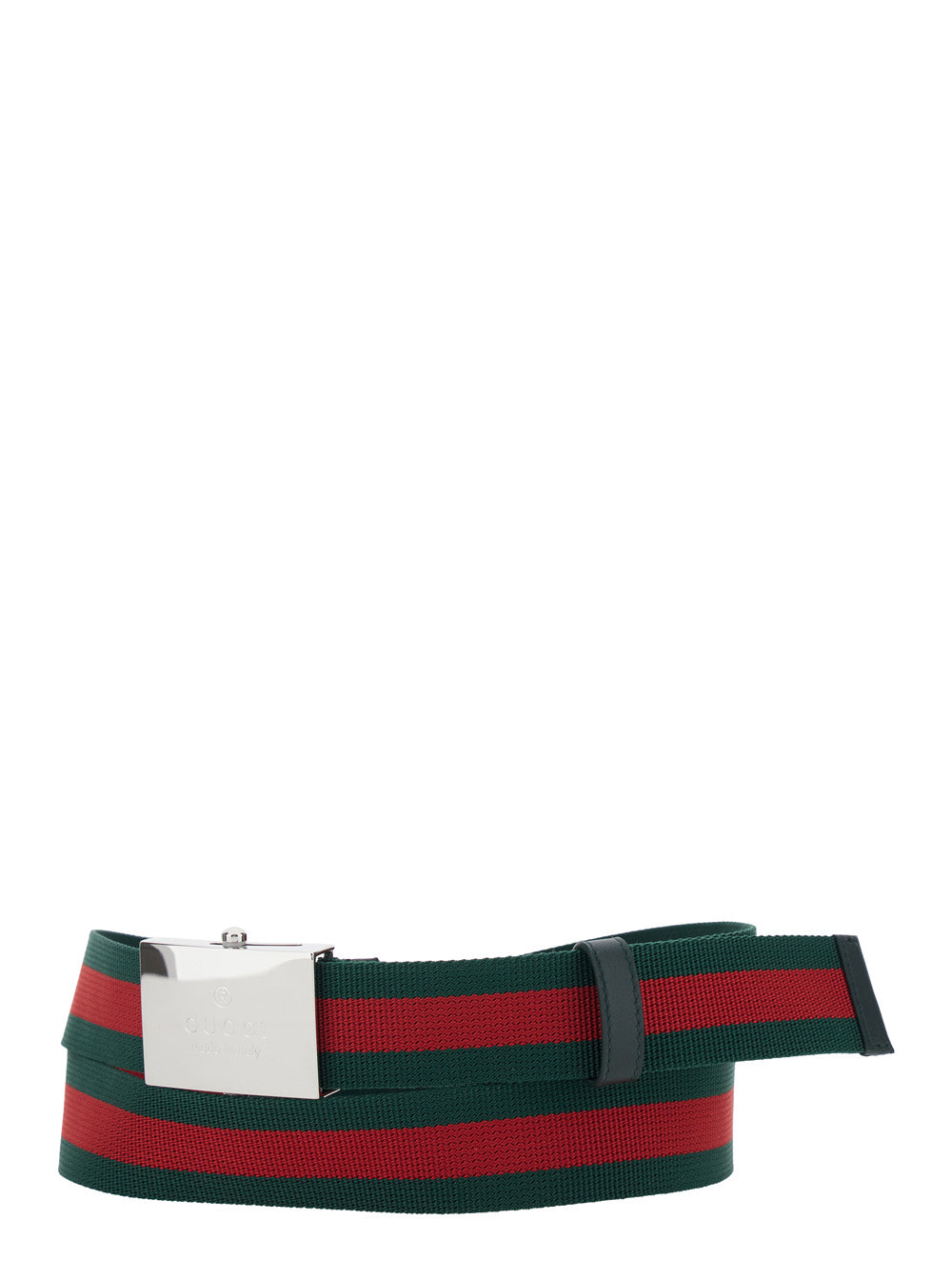 Gucci Men Green Belt With Web Motif And Logo Plaque On The Front In Web Canvas For Men