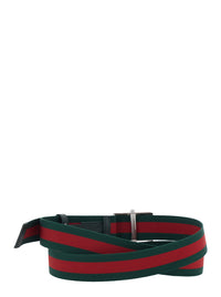 Gucci Men Green Belt With Web Motif And Logo Plaque On The Front In Web Canvas For Men