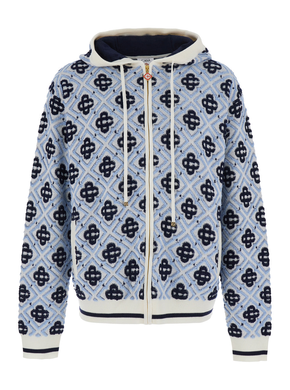 Casablanca Men Light Blue Hooded Sweatshirt With Drawstring And All-Over Logo Motif In Wool Man