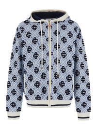 Casablanca Men Light Blue Hooded Sweatshirt With Drawstring And All-Over Logo Motif In Wool Man