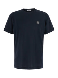 Stone Island Men Blue Crew Neck T-Shirt With Logo Patch On The Front In Cotton For Men