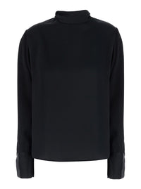 Leplain Women Black High Neck Blouse With Bow On The Back In Satin For Women