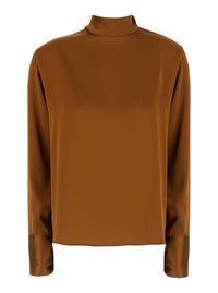 Leplain Women Brown High Neck Blouse With Bow On The Back In Satin For Women