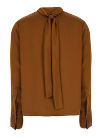 Leplain Women Brown High Neck Blouse With Bow On The Back In Satin For Women