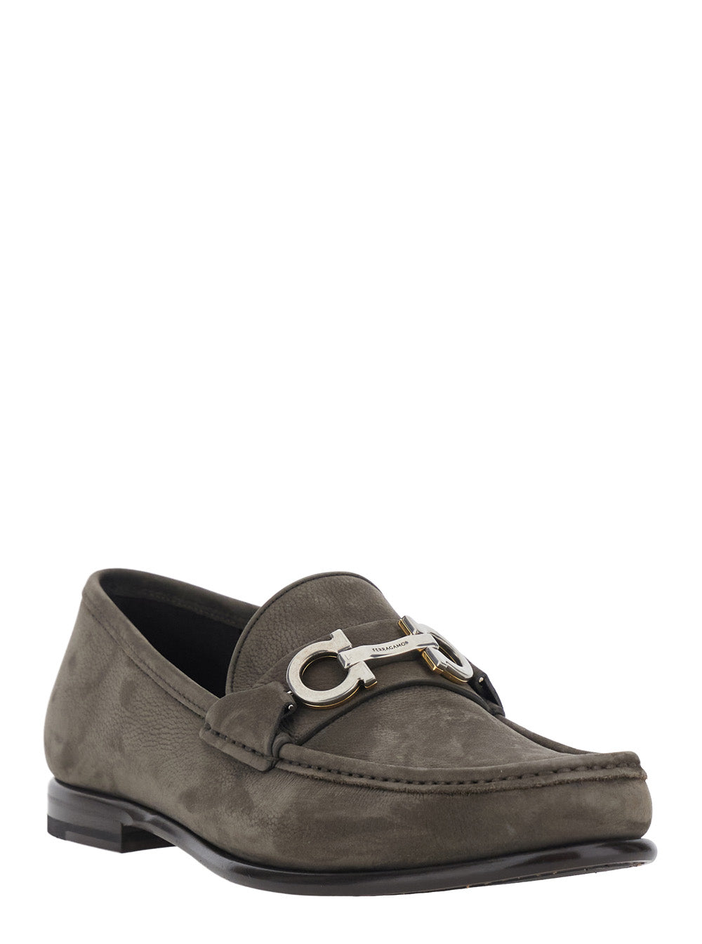 Ferragamo Men 'Avril' Grey Loafers With Gancini Plaque On The Front In Leather For Men