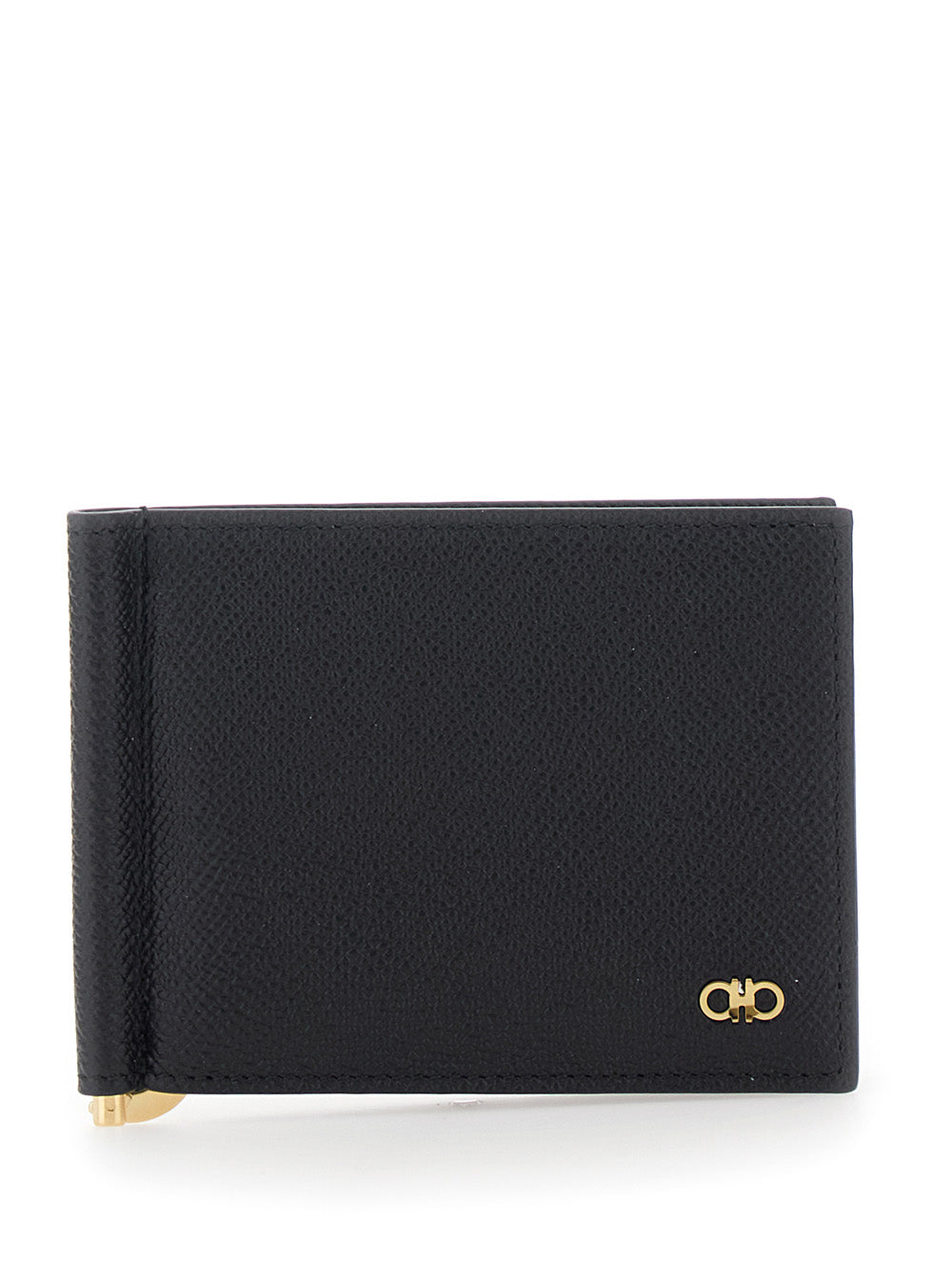 Ferragamo Men Black Wallet With Clip And Gancini Plaque On The Front In Leather For Men