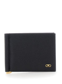 Ferragamo Men Black Wallet With Clip And Gancini Plaque On The Front In Leather For Men